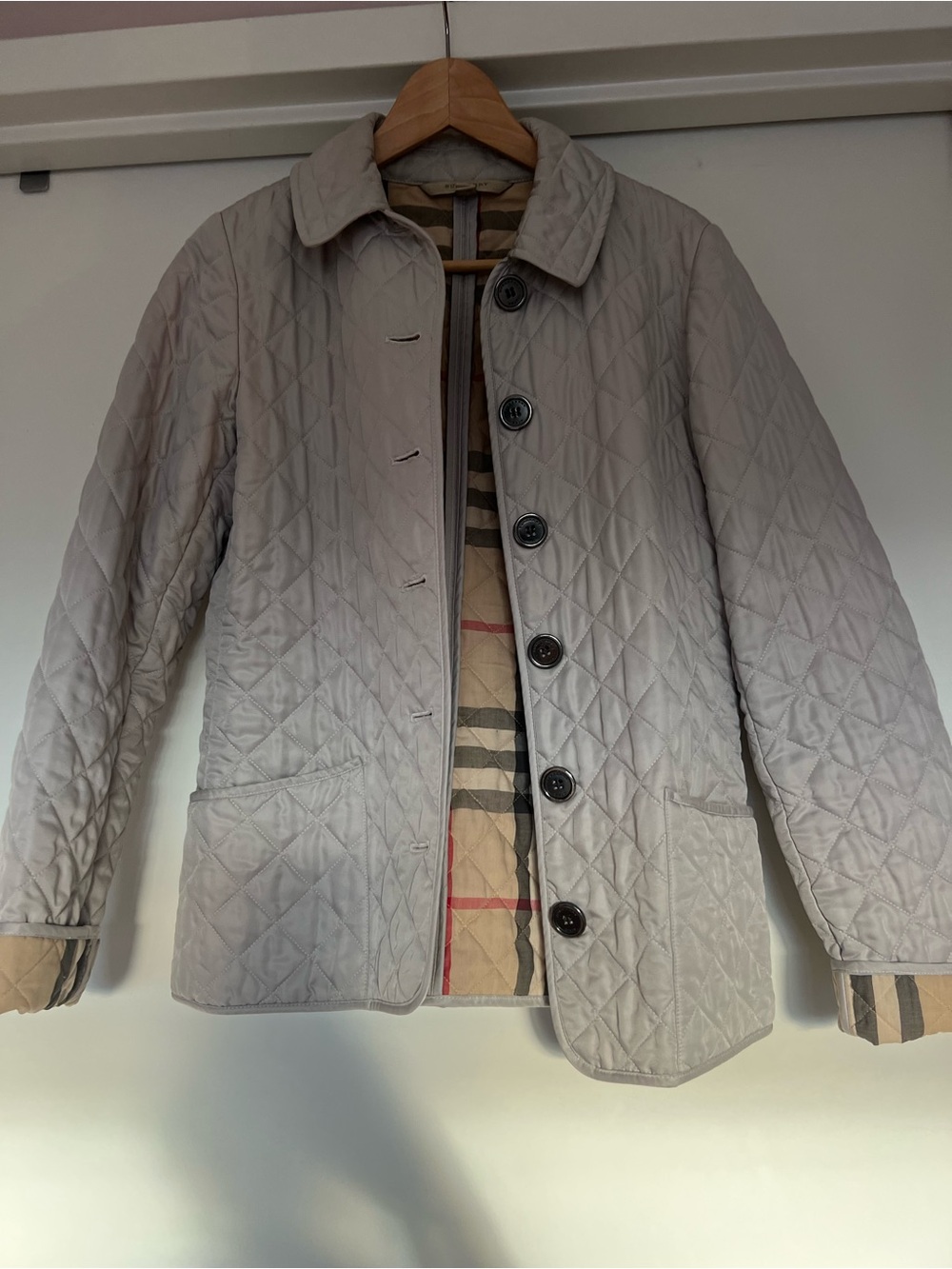 Burberry Brit Light Gray Quilted Jacket with Classic Check Lining